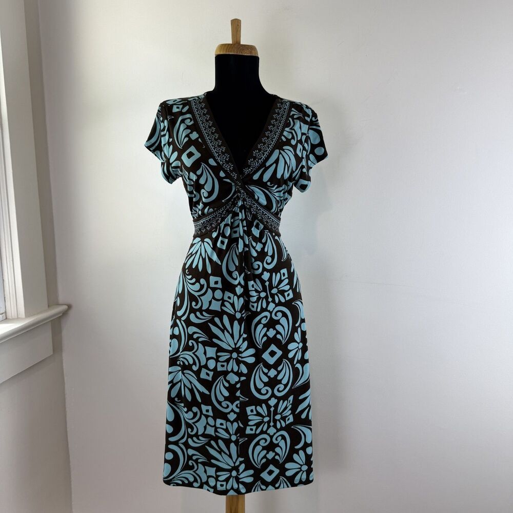 Y2K Mod Abstract Empire Waist Knee Length Dress | Retro Floral Tie Waist, M